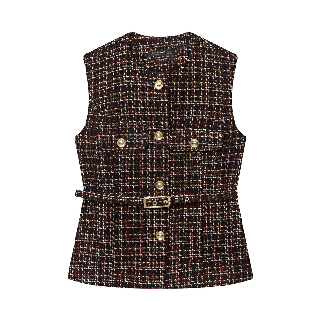 Women's polyester vest with belt texture in animal print pattern for casual wear