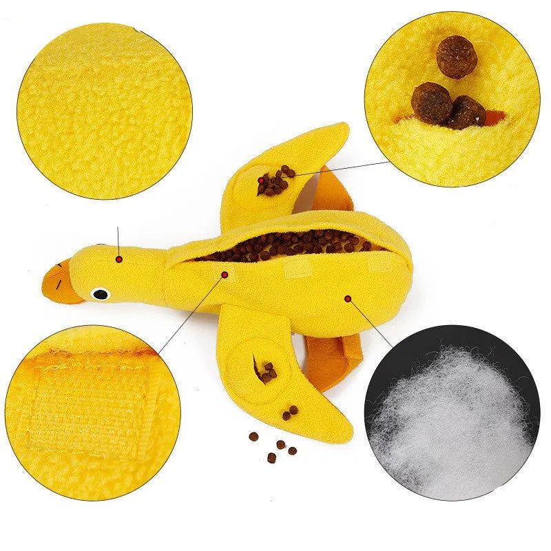 Yellow plush teddy dog toy with squeaker duck sound and treat holes