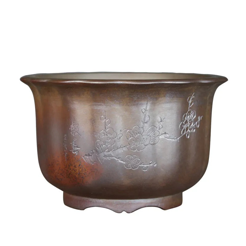 Large antique carved purple sand ceramic flower pot for indoor bonsai