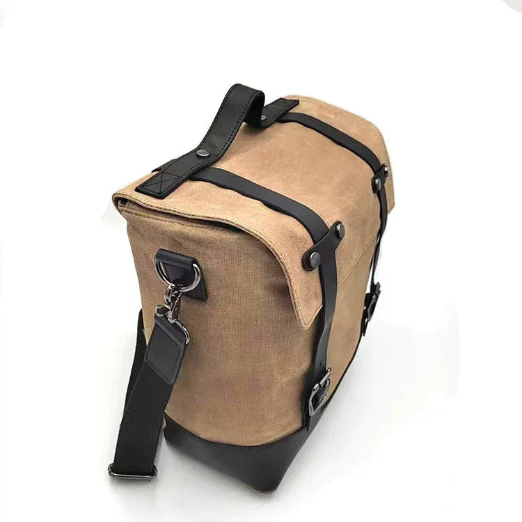 Waterproof canvas motorcycle side pannier pack with cowhide top layer in black colour