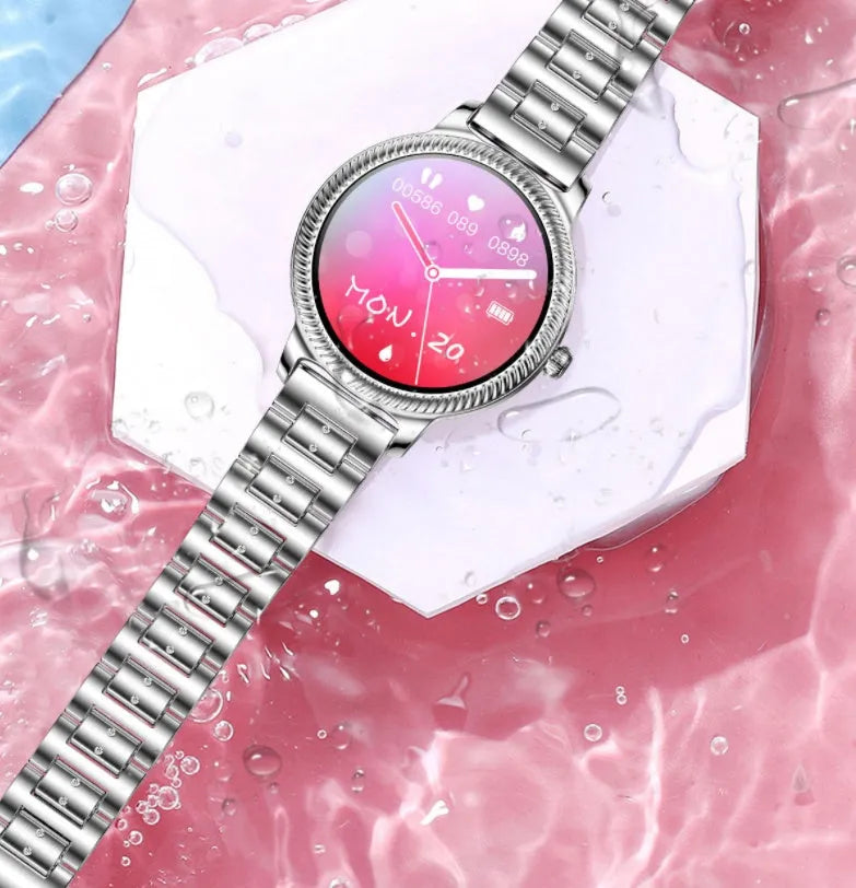 AK38 ladies smart watch with colour display and stainless steel Milanese mesh wristband