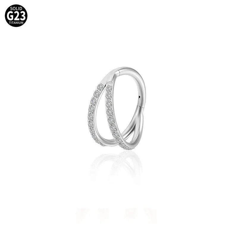 Titanium alloy nose ring with monoclinic diamond finish in gold and steel colour options showing precise measurements