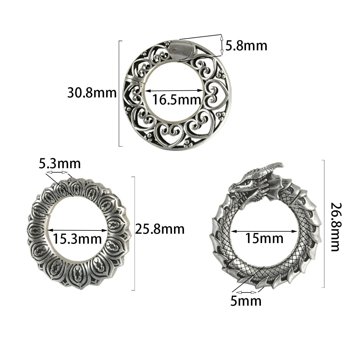 Large geometric dragon earrings with antique silver finish and hollow-out design on white background
