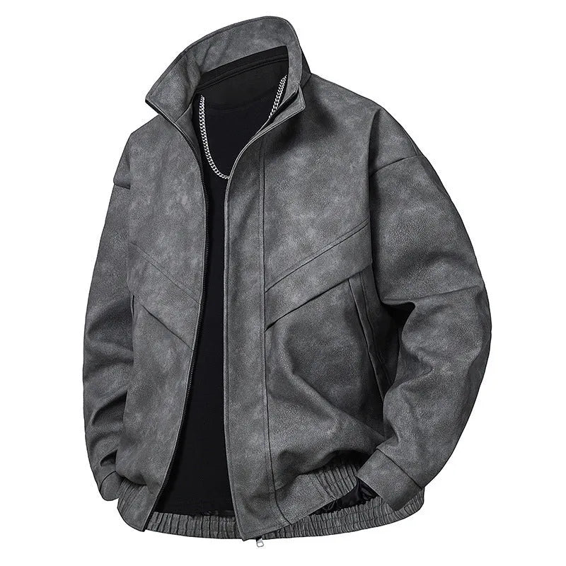 Men's slim fit PU leather coat in loose cut with straight hem and side pockets, shown in black gray colour