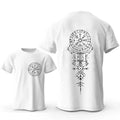 Man wearing a grey Viking rune compass and smiling face graphic print on a pure cotton t-shirt.