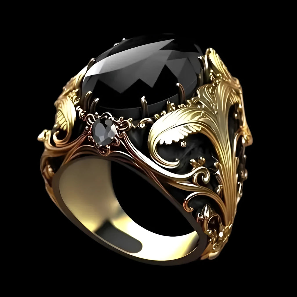 Men's silver alloy wide face ring with geometric imitation ink colour gem ornament and irregular Moonstone patterns