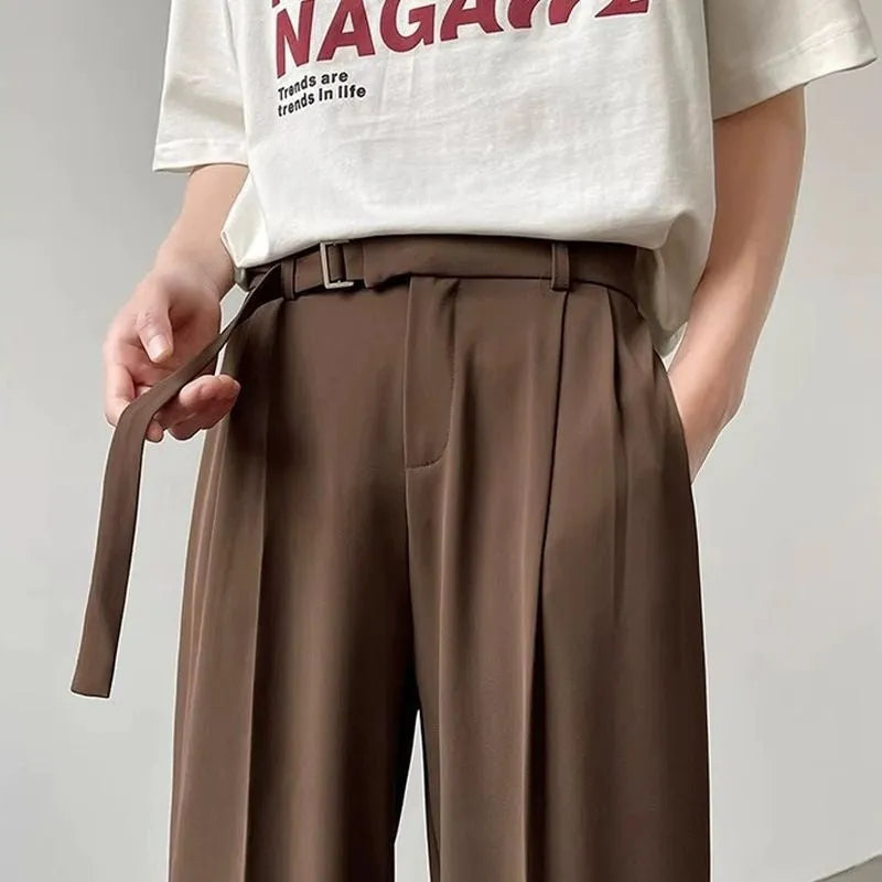 Black straight leg loose fit casual trousers with non-ironing chemical blend fabric