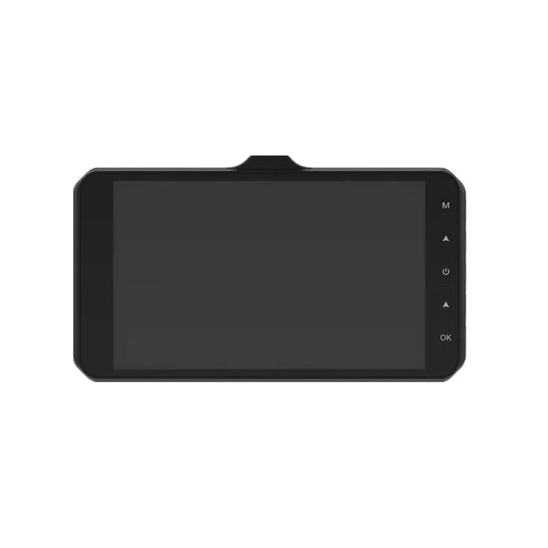 HD dual-lens driving recorder with 4 inch screen in black for windshield mount