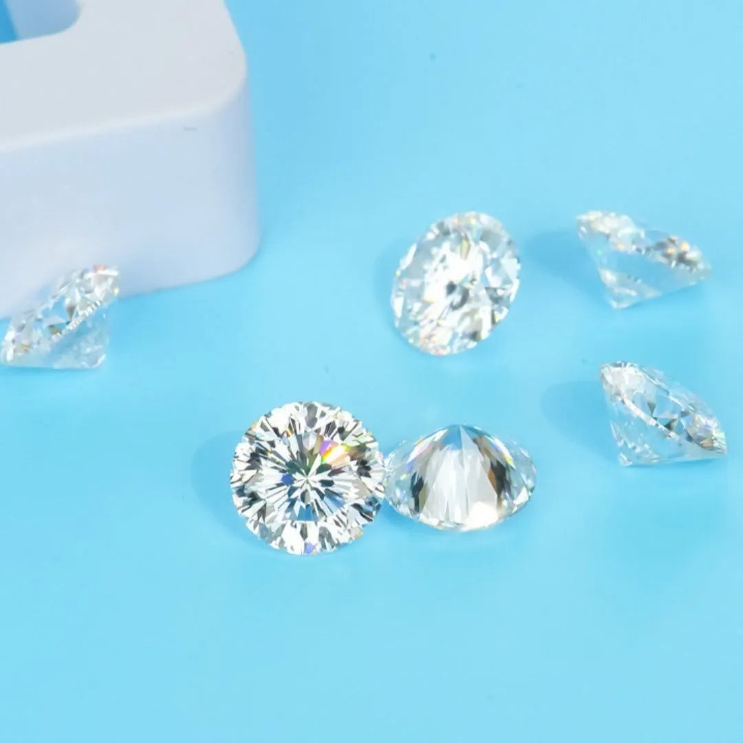 Round brilliant cut Moissanite loose gemstone showing eight hearts and eight arrows pattern.