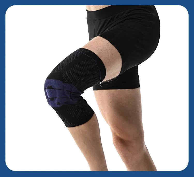 Black and blue adult sports knee pad made of nylon and spandex for basketball and running.