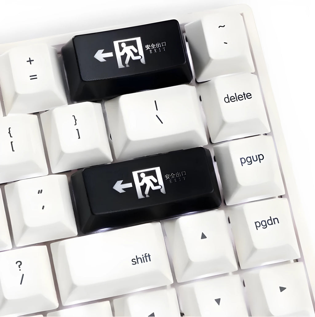 Transparent mechanical keyboard key cap with red evacuation exit symbol for backspace key