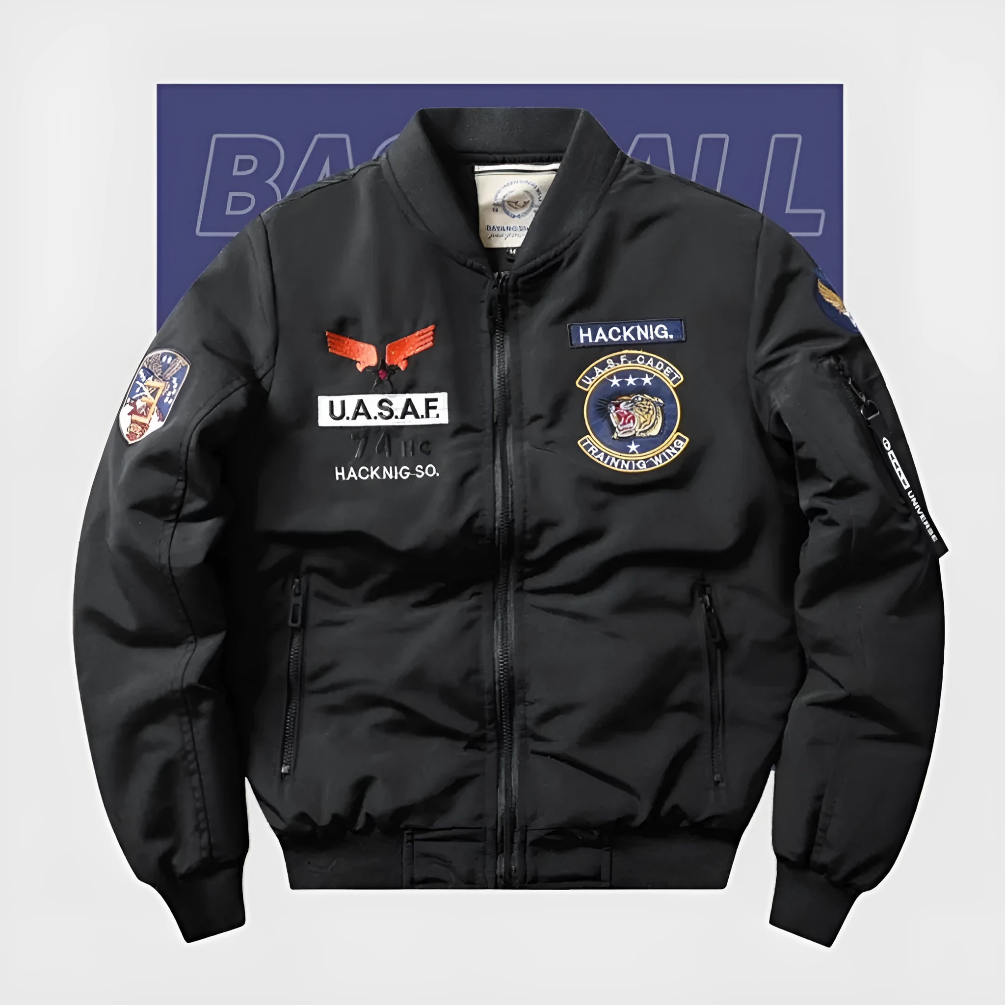 Men's slim-fit stand collar retro quilted motorcycle jacket in blue on a mannequin