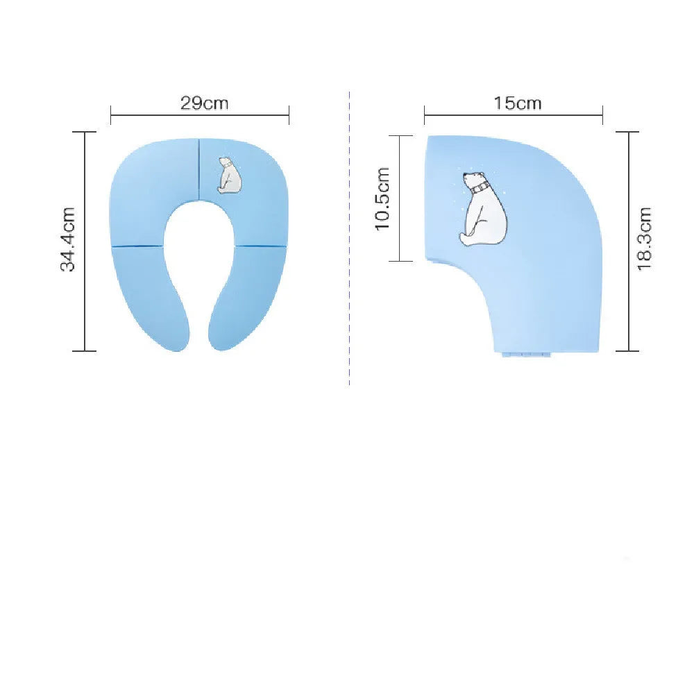 Foldable baby travel potty seat in pink, yellow, blue colours on white background