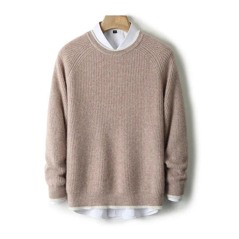 Men's round neck double-strand thickened wool sweater in rough yarn, black colour