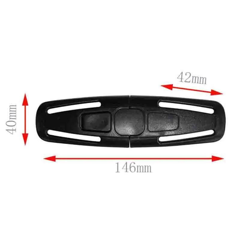 Black nylon child safety seat belt clip for five-point harness systems measuring 14.5cm