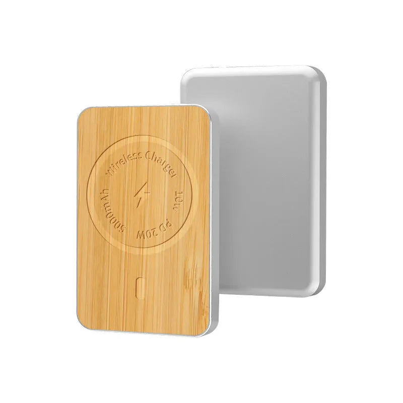 Khaki-coloured wireless magnetic charging bank with a 5000mAh capacity and alloy case.