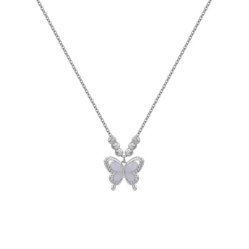 Women's square line opal butterfly necklace with 925 silver pendant on cross chain