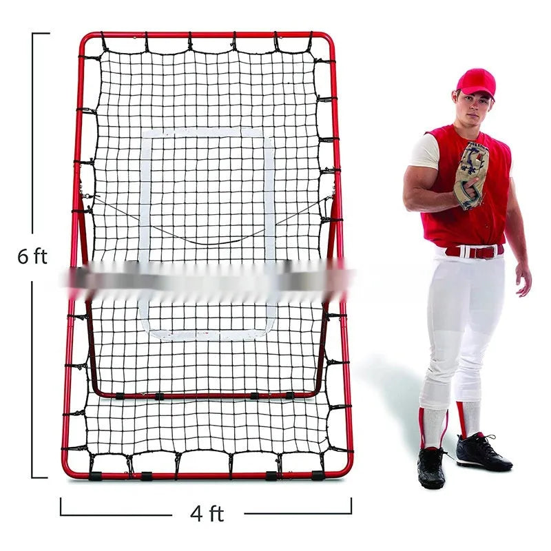 Red portable baseball training net with adjustable 4x6 foot metal frame folded to 95x16x14.5cm