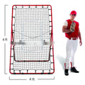 Red portable baseball training net with adjustable 4x6 foot metal frame folded to 95x16x14.5cm