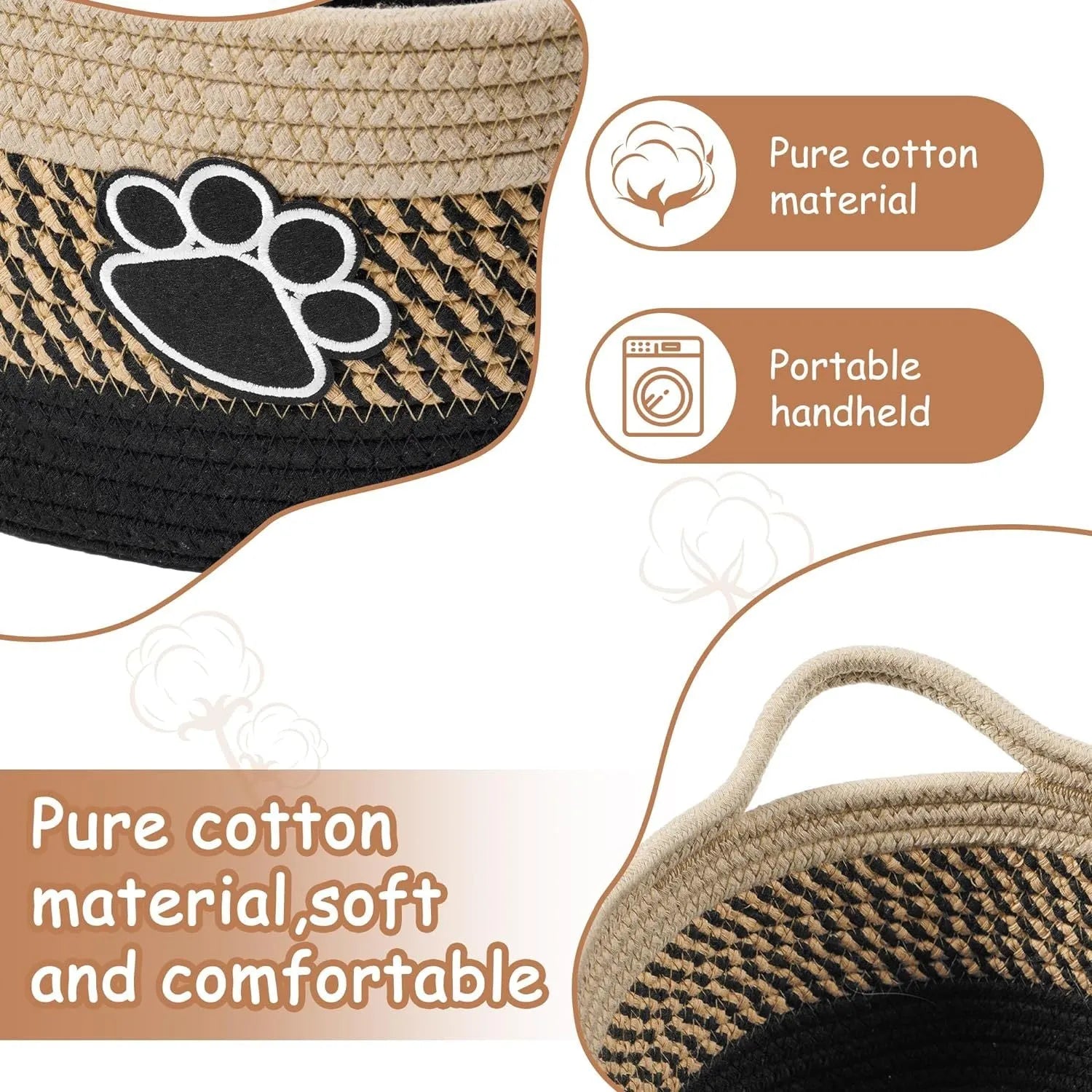 Small light beige handmade woven cotton rope storage basket with a handle on a wooden floor.