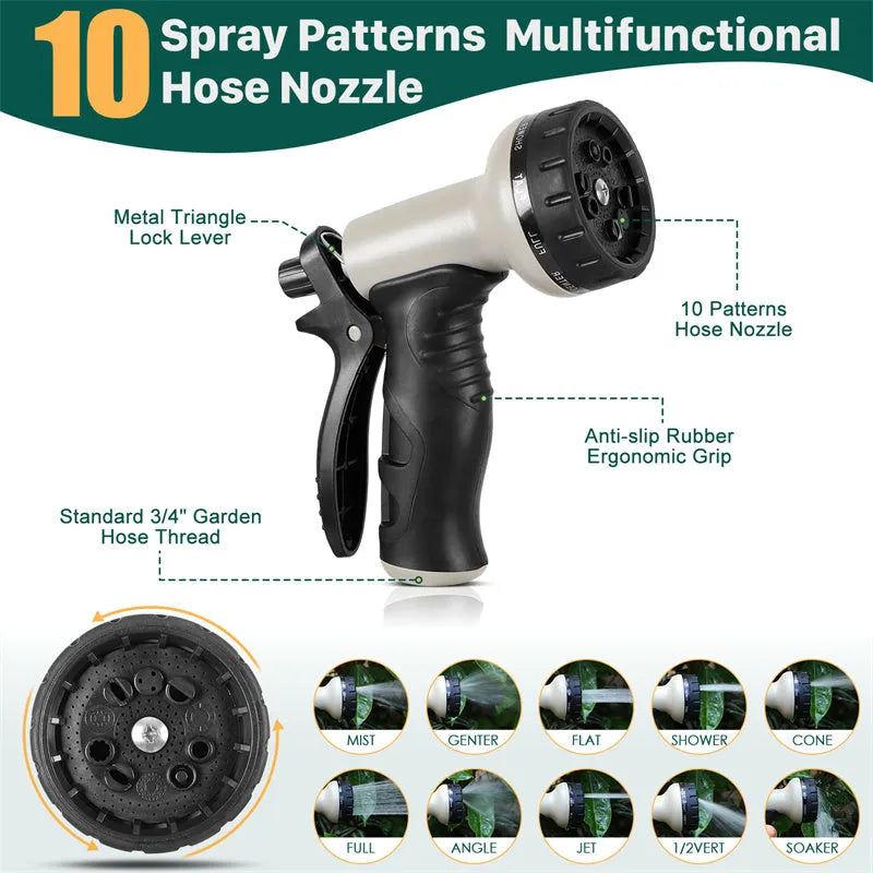 100ft stainless steel metal garden hose with 10-pattern adjustable spray nozzle and 2 nozzles