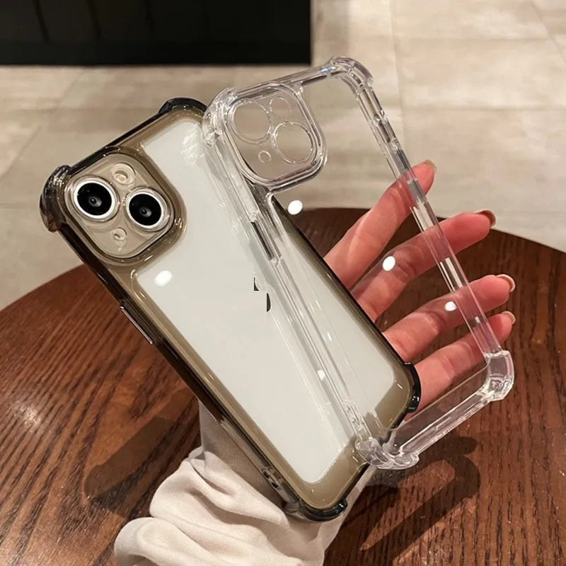 Transparent acrylic phone case with 11 airbag corners, hard back and soft silicone edge, for iPhone 11-14 and earlier models