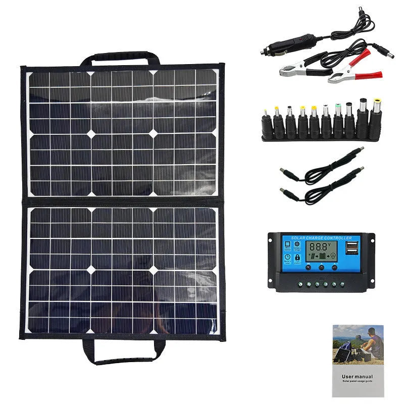 Black folding solar charger bag with 40W single crystal panels for portable outdoor power