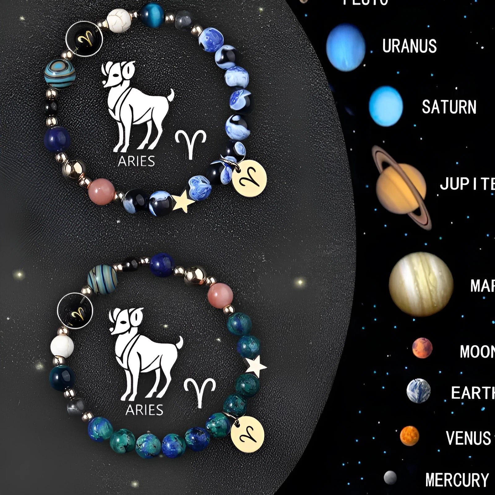 Set of two natural stone beaded bracelets on an adjustable cord, featuring zodiac sign designs.