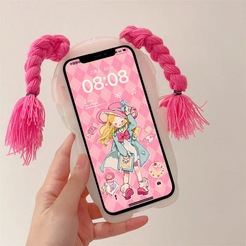 Pink and green cartoon girl swimsuit design on a silicone iPhone case for fall protection.