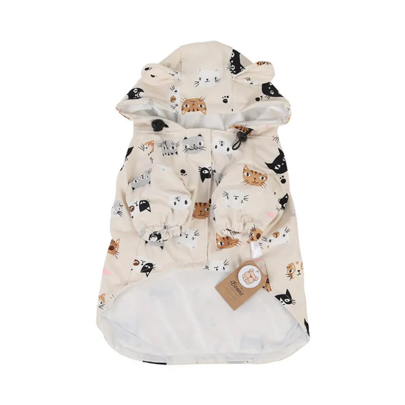 Beige dog raincoat with cartoon design in waterproof PU material