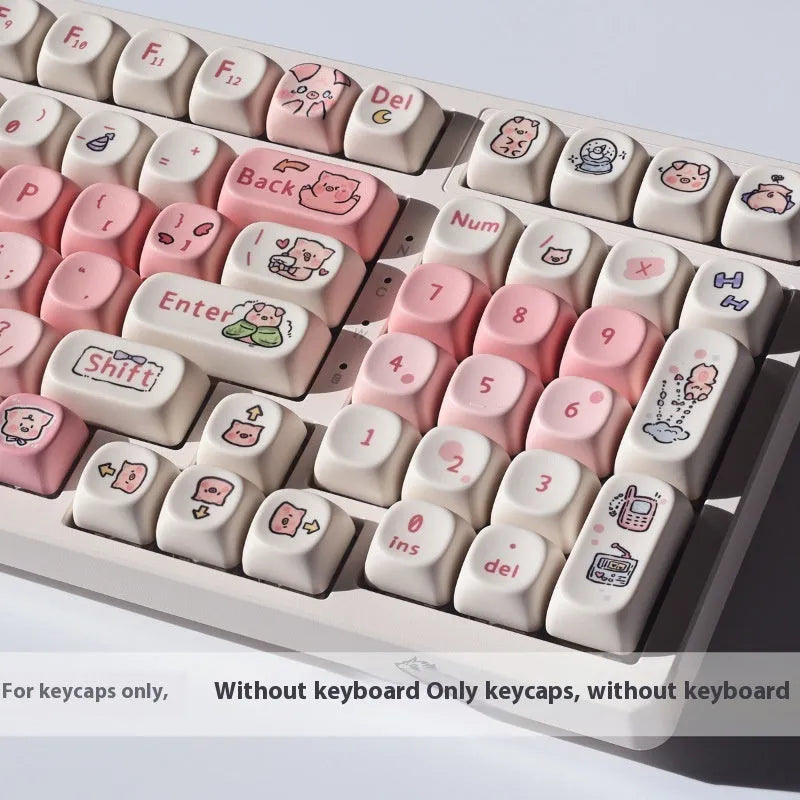 Close-up of a pink pig character artisan key cap for mechanical keyboards with five-sided sublimation printing.