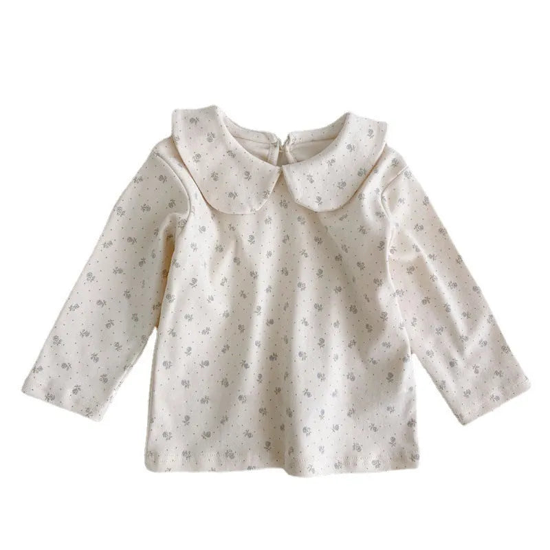 Cotton baby girl top with long sleeves, plaid floral print, white Little Flower options, suitable height 66cm to 100cm.