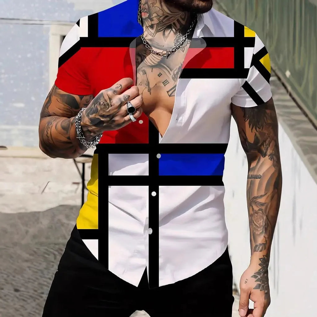 Men's geometric line pattern lapel short sleeve shirt in slim fit polyester