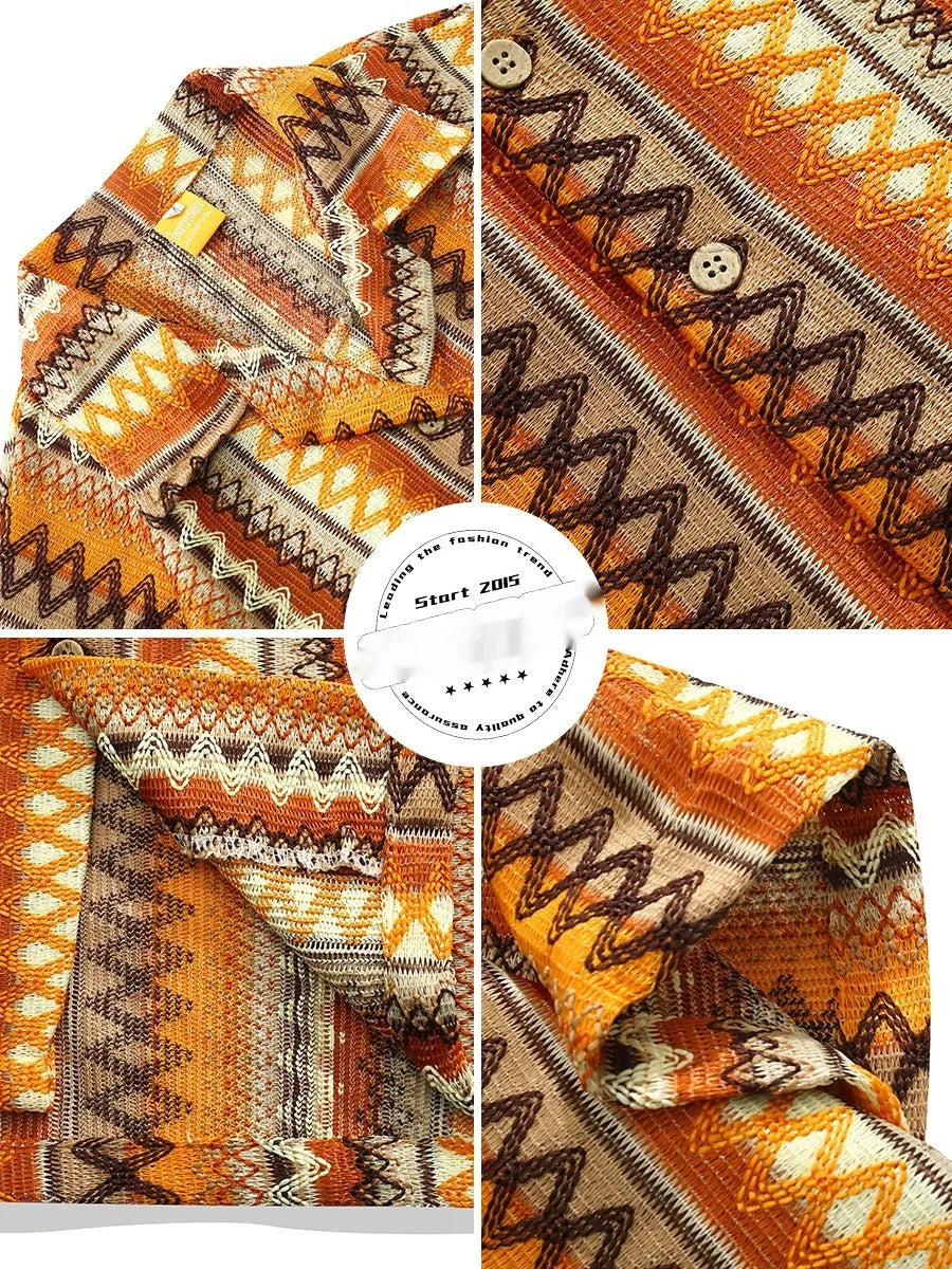 Ethnic style woven Cuban collar shirt with contrasting colour details and drop-shoulder short sleeves