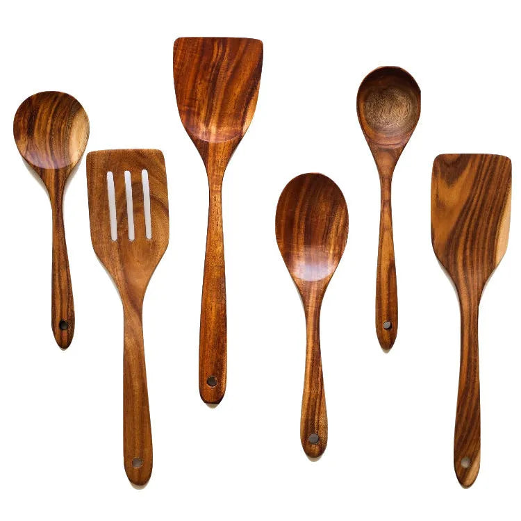 7-piece wooden cooking utensil set including spoon and spatula for non-stick pans
