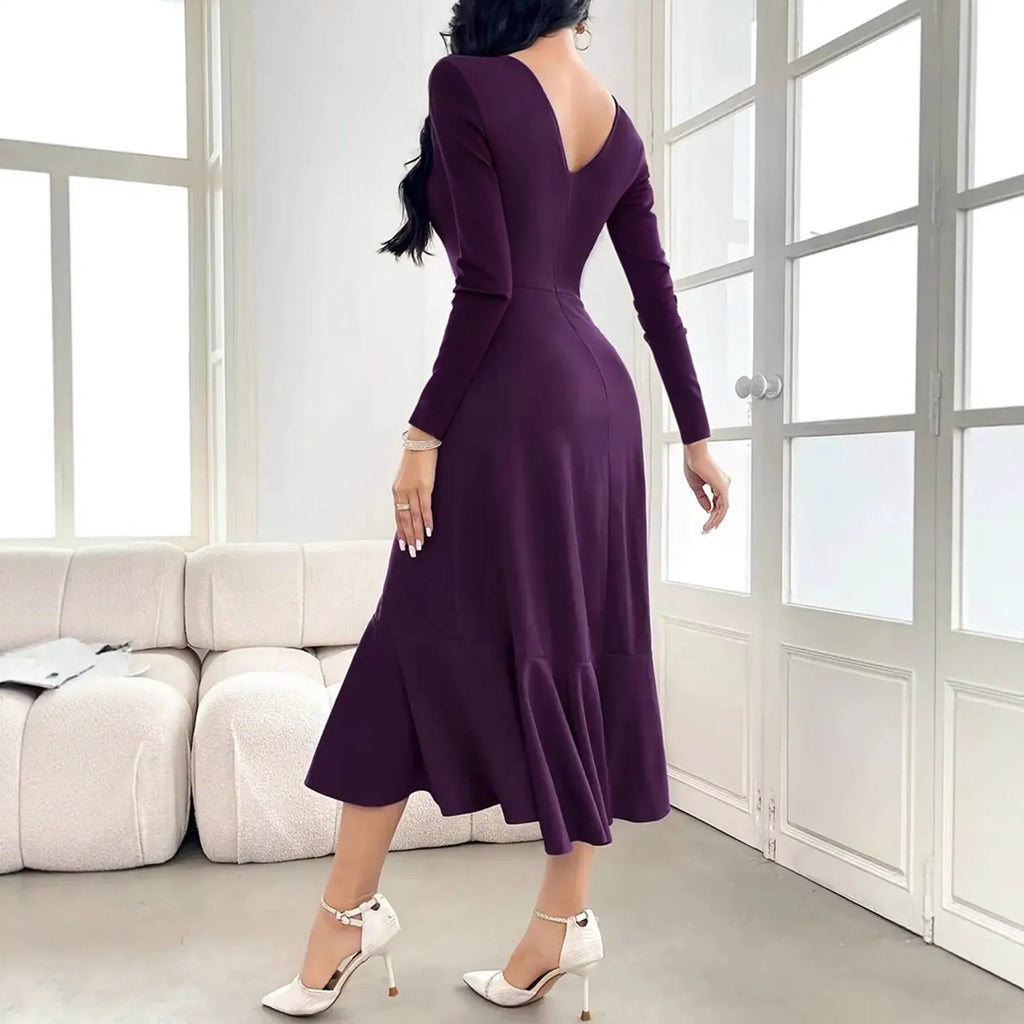 Purple women's long sleeve pullover dress with ruffled details and round neck
