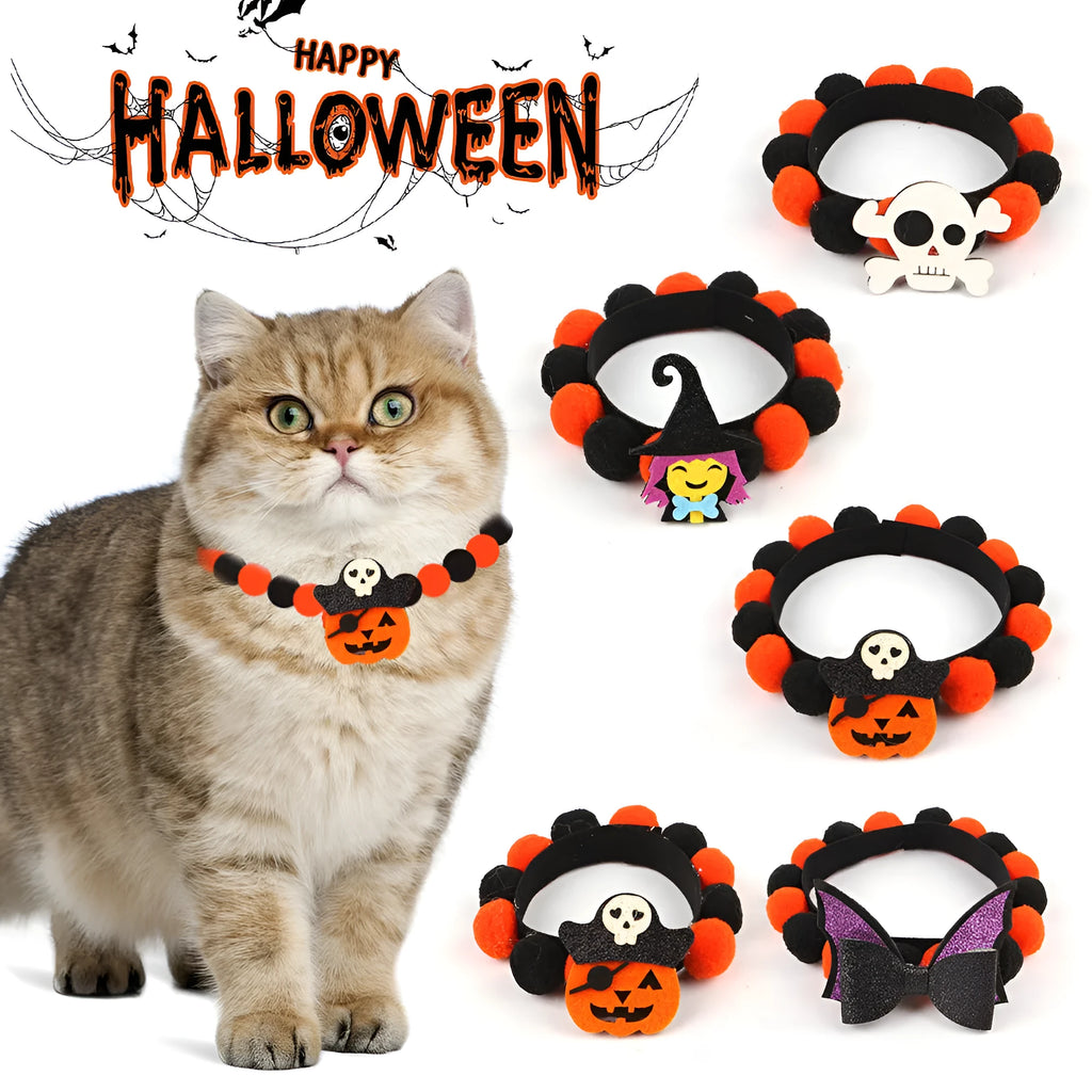 Halloween pet fur ball collar with detachable pumpkin accessory in six designs for dogs and cats