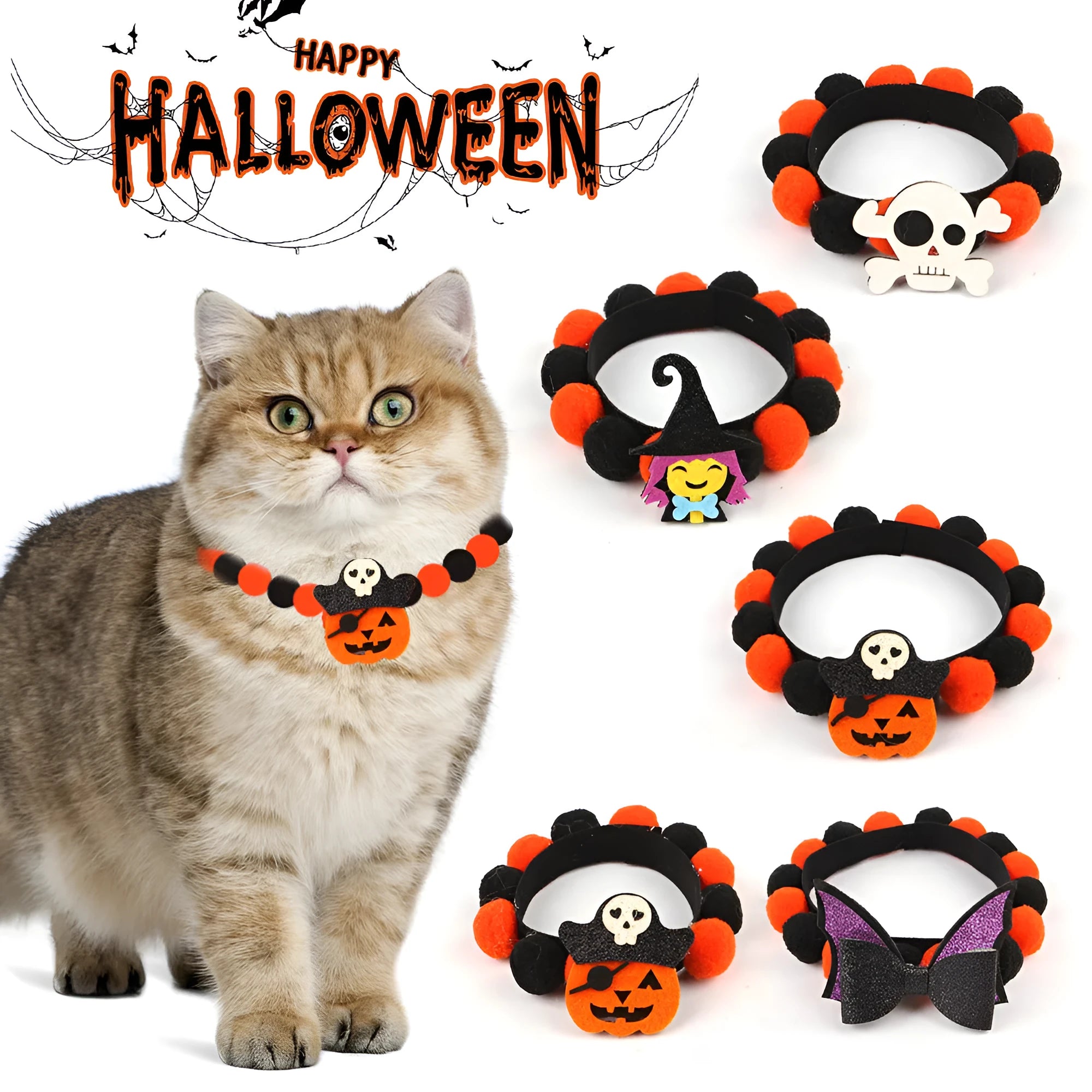 Halloween pet fur ball collar with detachable pumpkin accessory in six designs for dogs and cats