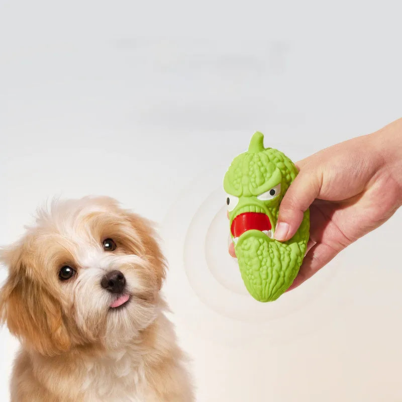 Bitter melon or chili shaped dog toy with textured surfaces for teeth cleaning and pet sound features