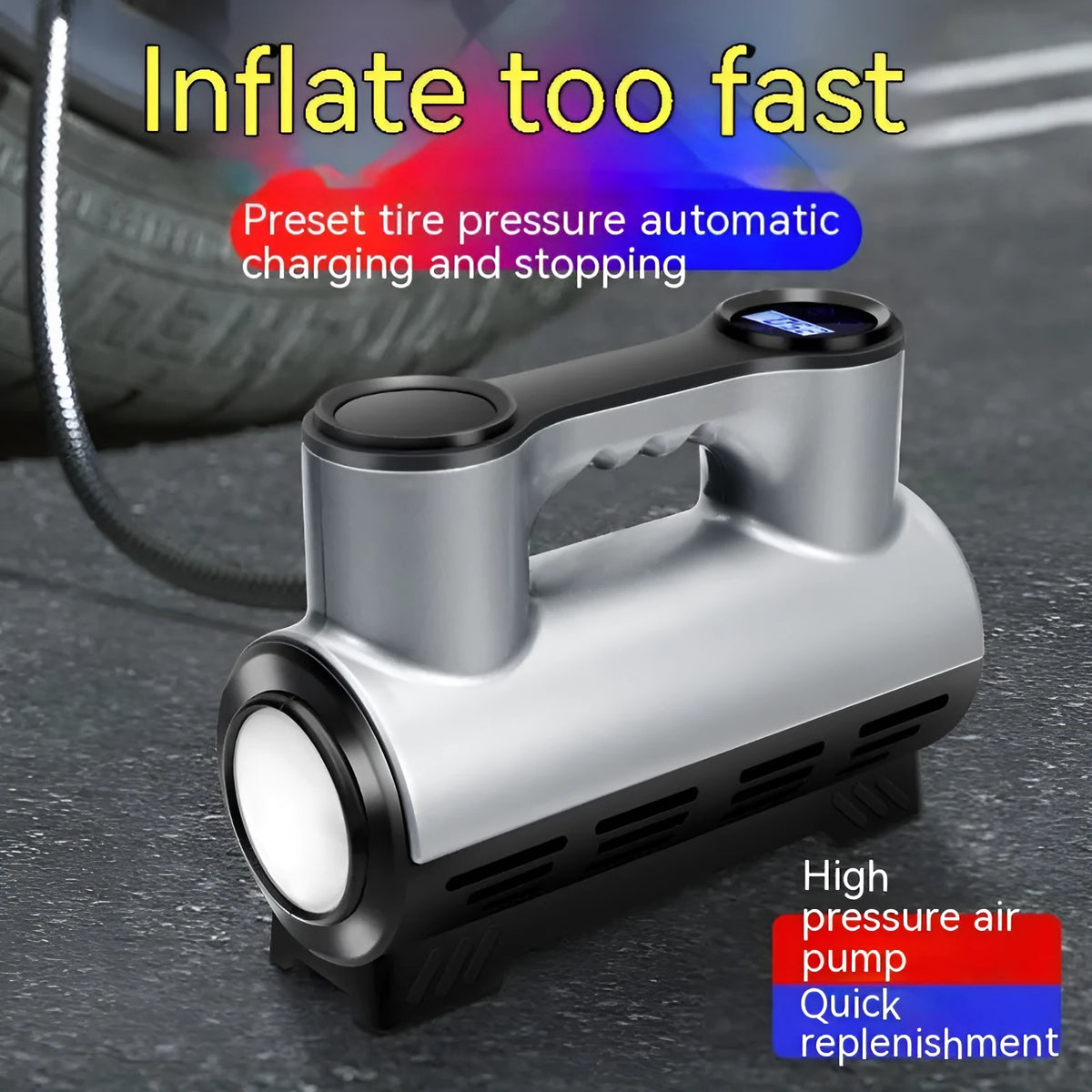 12V portable car tyre inflator with digital display and ABS housing