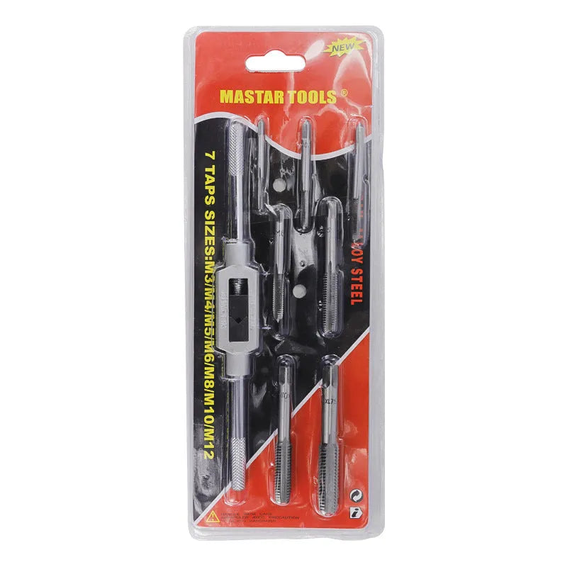 8-piece metric hand tap set M3 to M12 with holder and hinge in storage case