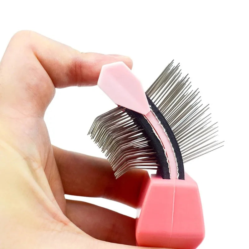 Double-sided pet brush with stainless steel bristles and ergonomic blue handle
