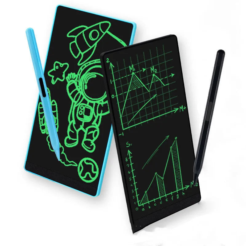 Blue 6.5 inch LCD handwriting board for student writing and arithmetic practice on a desk