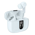 Jerry X08 wireless Bluetooth in-ear headphones in black, grey, or white with digital display and charging case.