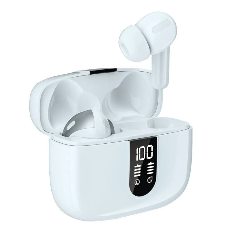 Jerry X08 wireless Bluetooth in-ear headphones in black, grey, or white with digital display and charging case.