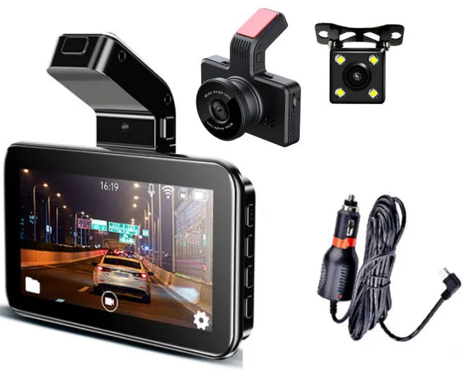 3-inch screen dual lens car dash cam with front and rear recording camera on dashboard