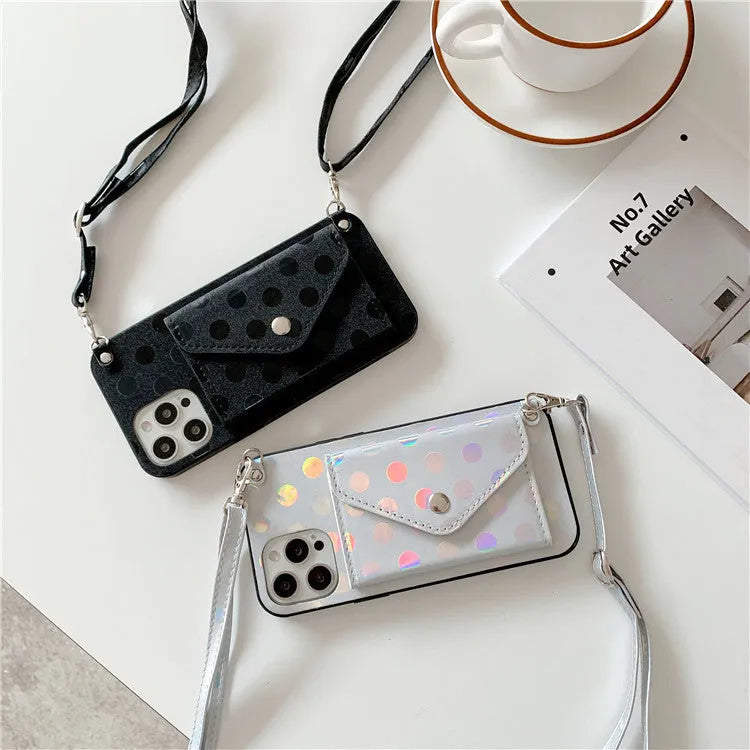 Diagonal card case mobile cover with wave point silicone back for iPhone