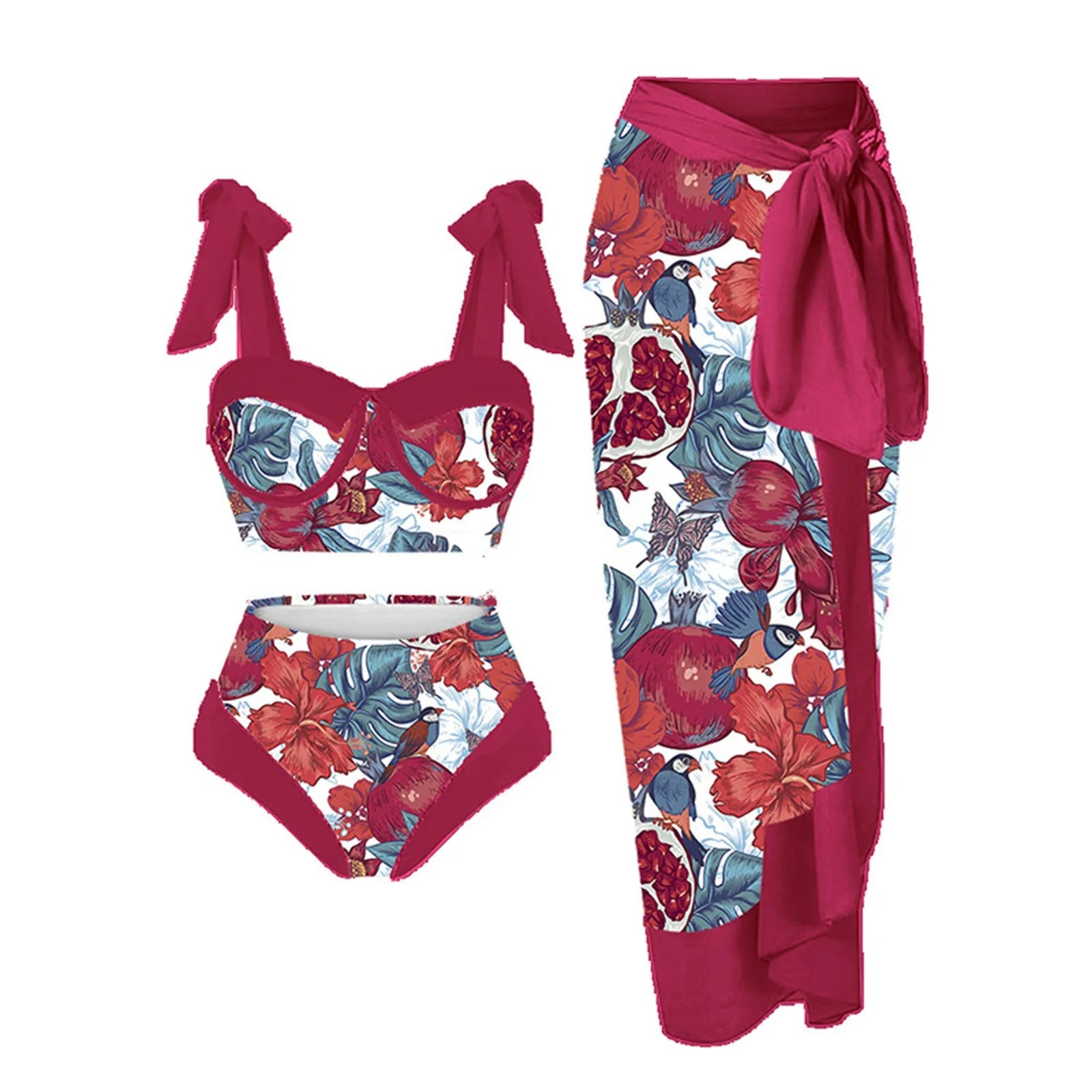 Women's printed split swimsuit three-piece set showing skirt, bra and panties in polyester fabric
