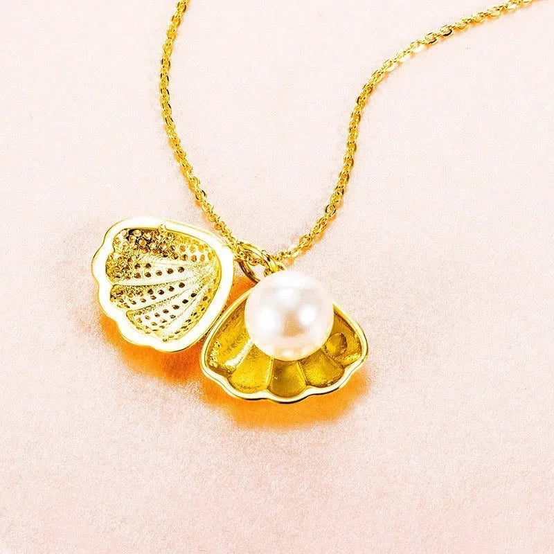 Shell pearl necklace with rhinestones on a titanium steel melon seeds chain, adjustable 41-50cm, for women