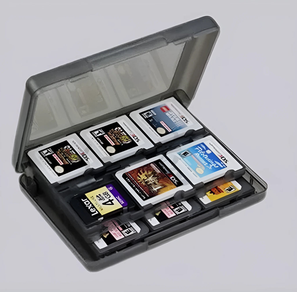 NDS 3DS game card storage box holding multiple cartridges in black plastic case